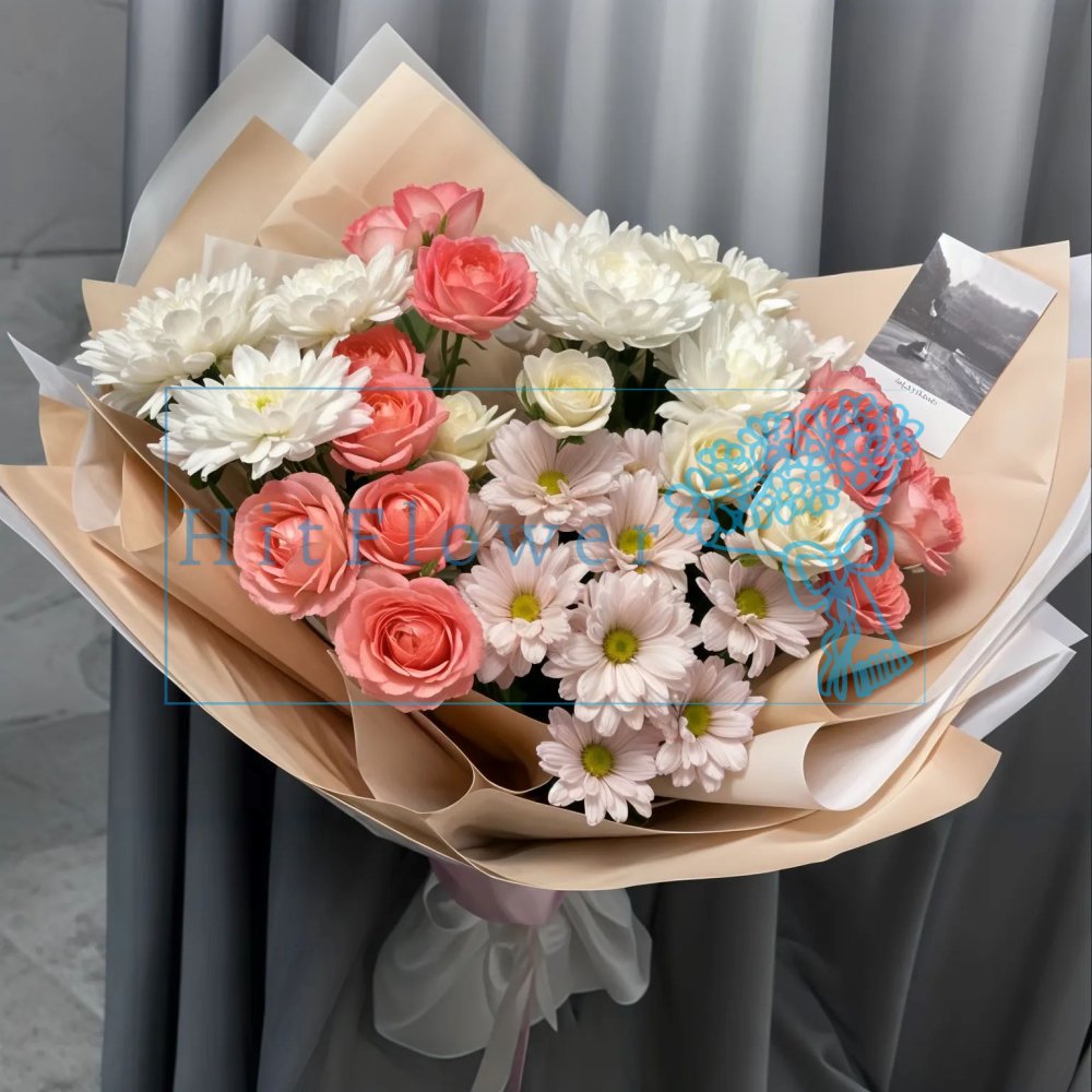 Букет цветов из: Хризантемы и Розы